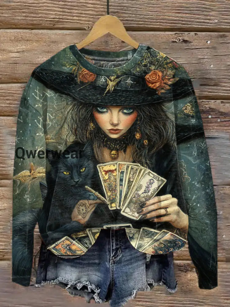 Retro Magic Witch Art Print Design Round Neck Long Sleeve Casual Sweatshirt A / S