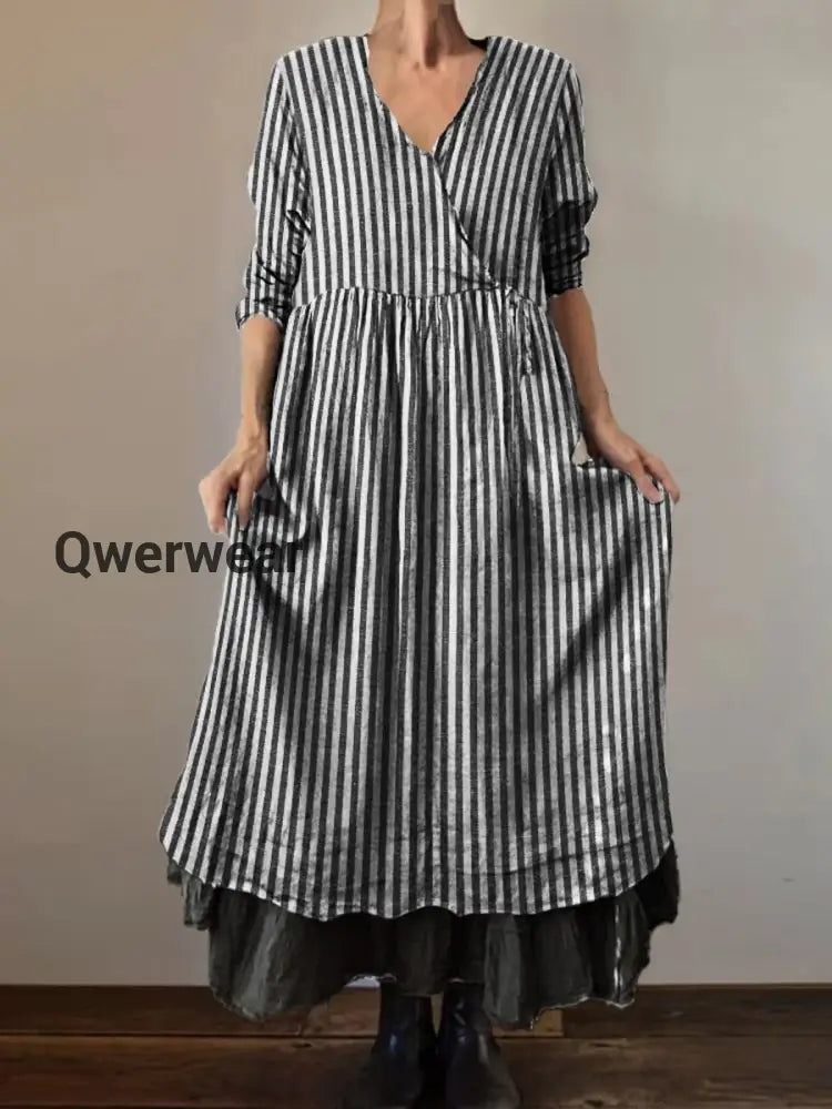 Retro Simple Fringe Print Vintage V-Neck Double Hemline Cotton Long Sleeve Midi Dress A / S