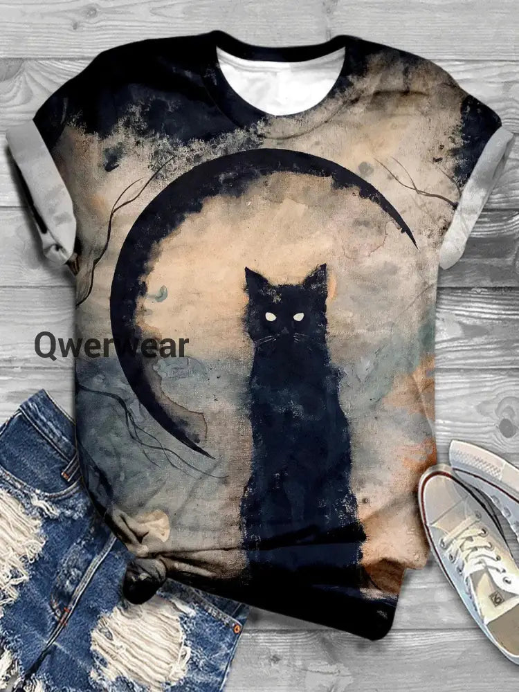 Simplicity Cat Art Print Round Neck Casual T-Shirt A / S