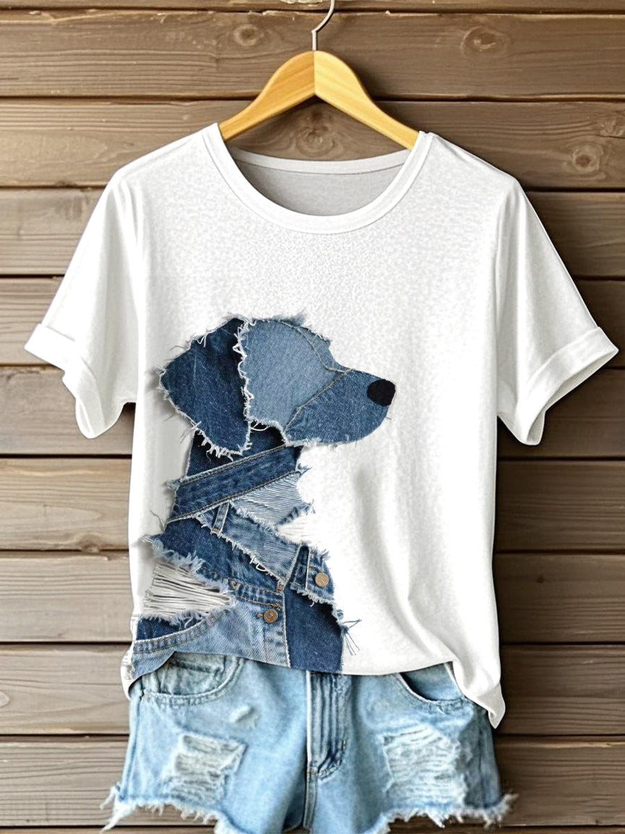 Women's Cute Dog Denim Patchwork Art T-shirt