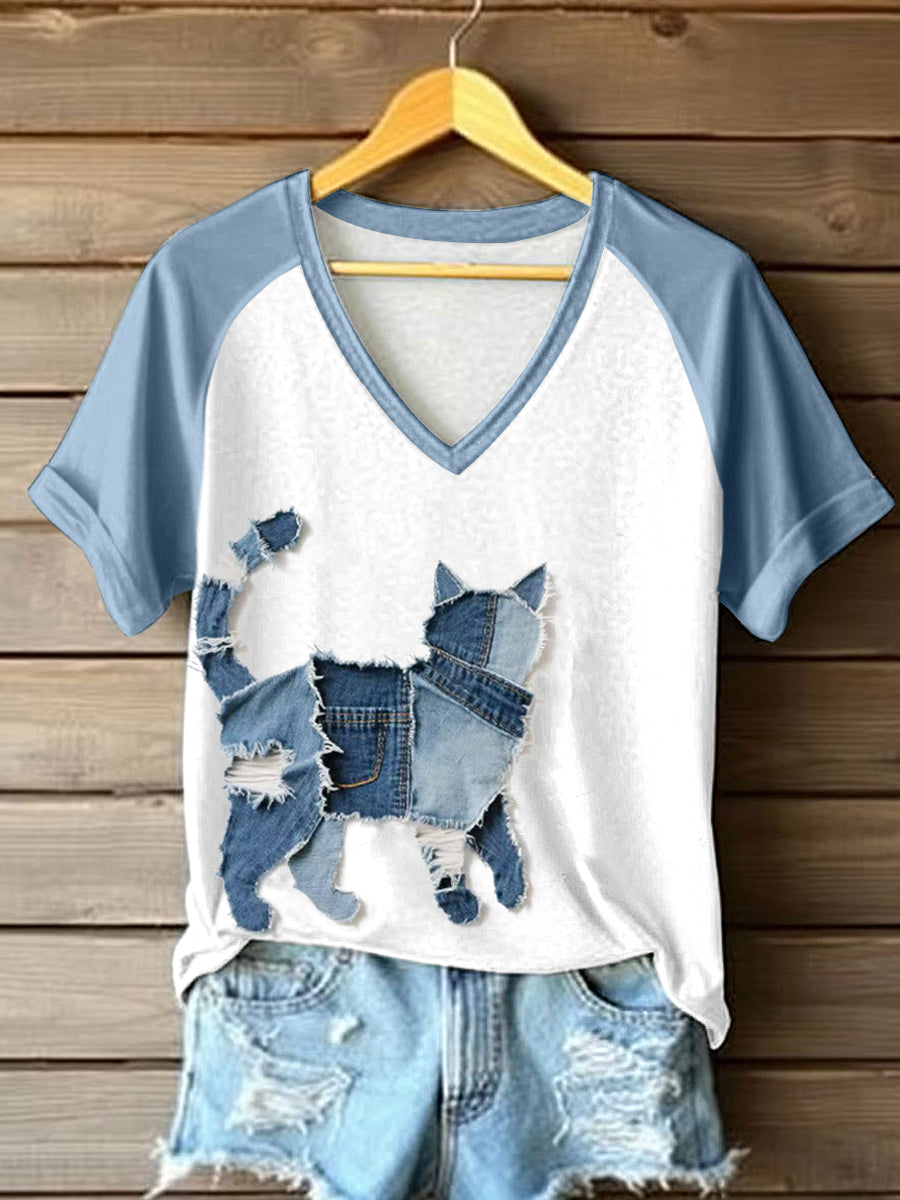 Women's Cute Cat Patchwork Art V-Neck T-Shirt