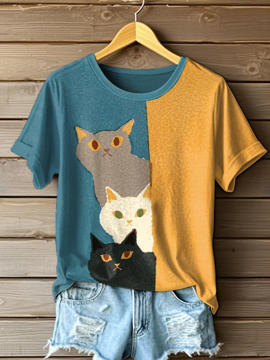 Womens Funny Cat Art Print T-Shirt