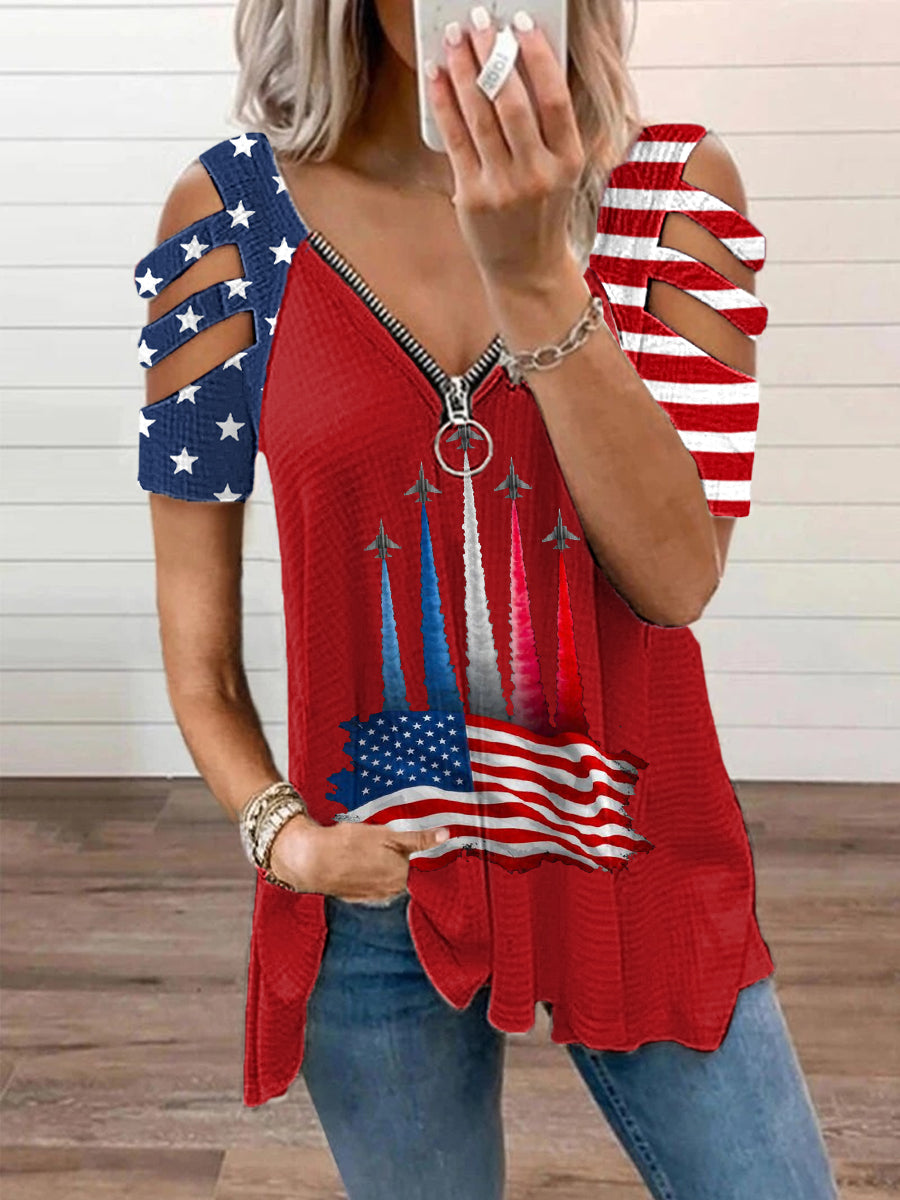 Women's Independence Day American Flag Jet Planes Print Casual Zipper V-Neck Top