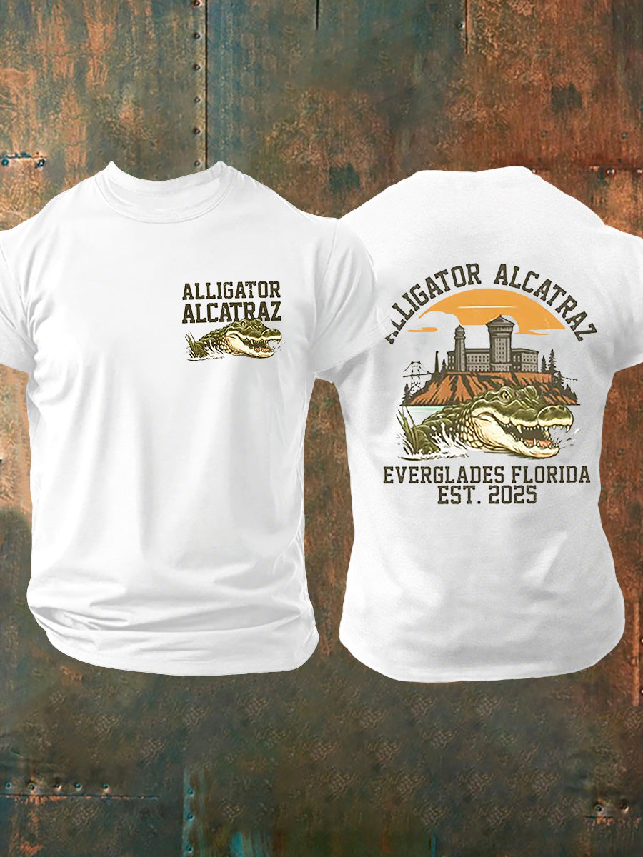 Men's Retro Alligator Alcatraz Funny Florida Everglades Dark Humor Short Sleeve Tee