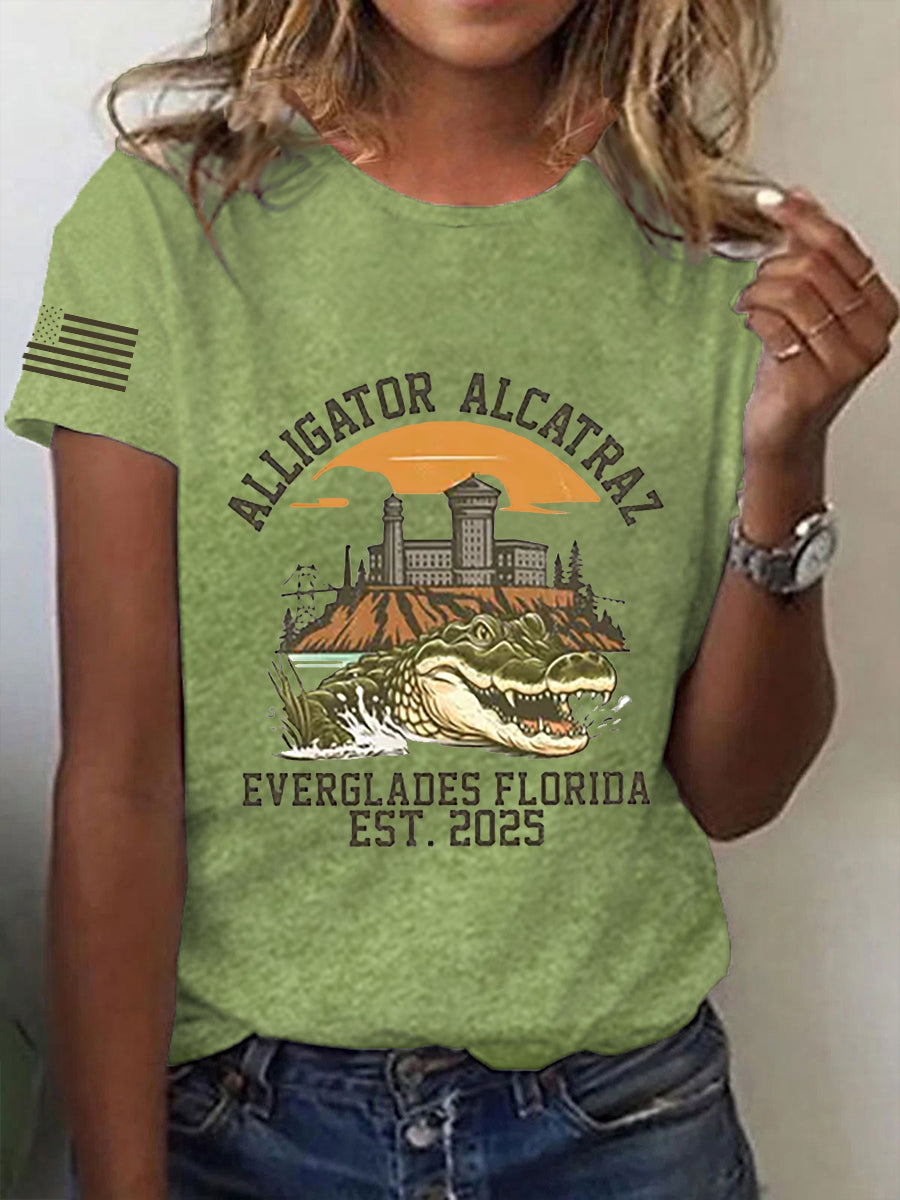 Women's Retro Alligator Alcatraz Funny Florida Everglades Dark Humor Short Sleeve Tee