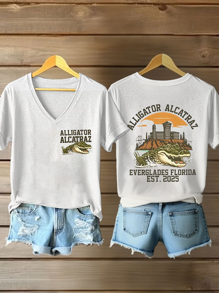 Women's Retro Alligator Alcatraz Funny Florida Everglades Dark Humor Short Sleeve Tee