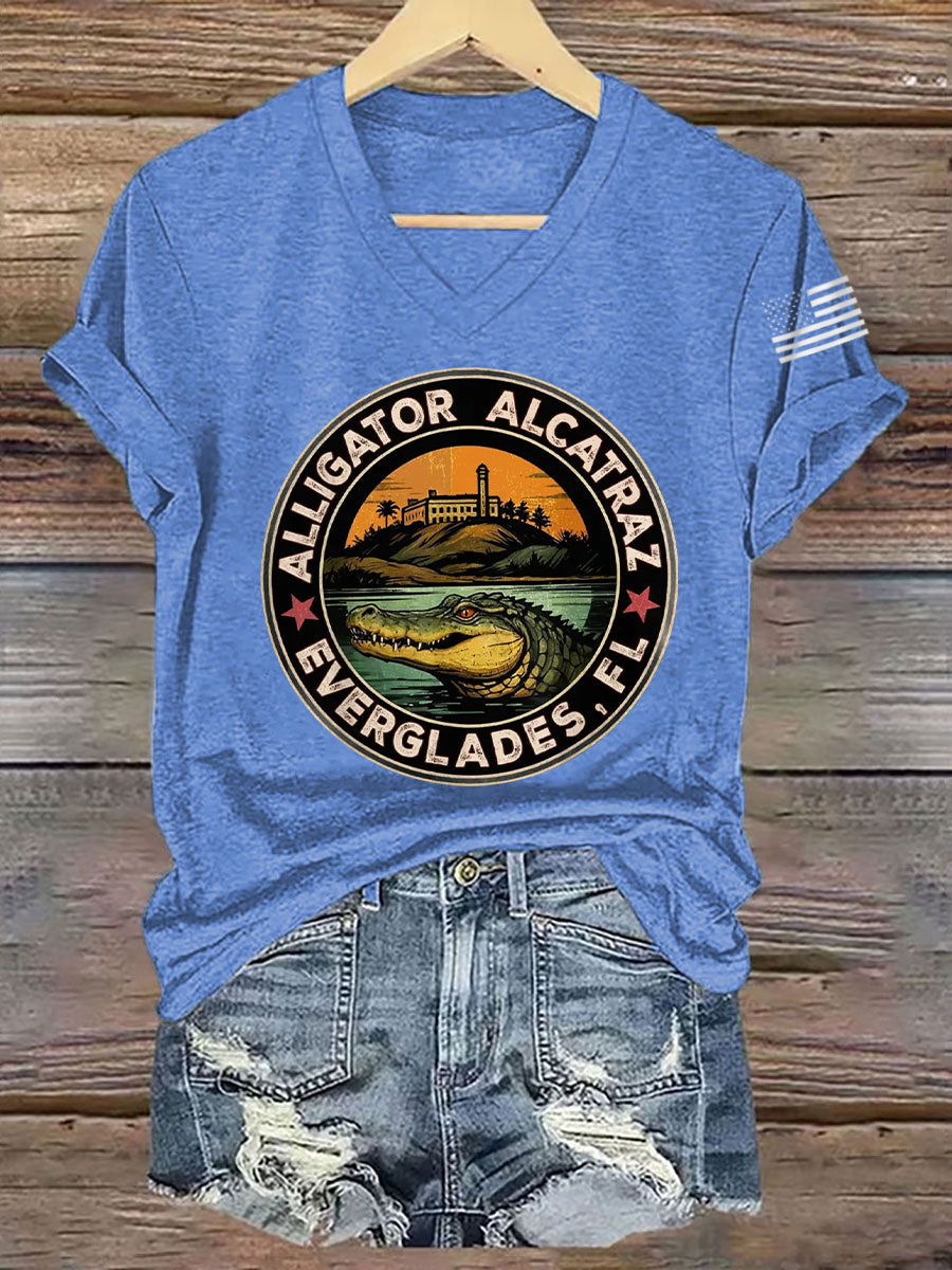 Women's Retro Alligator Alcatraz Funny Florida Everglades Dark Humor V-Neck Tee