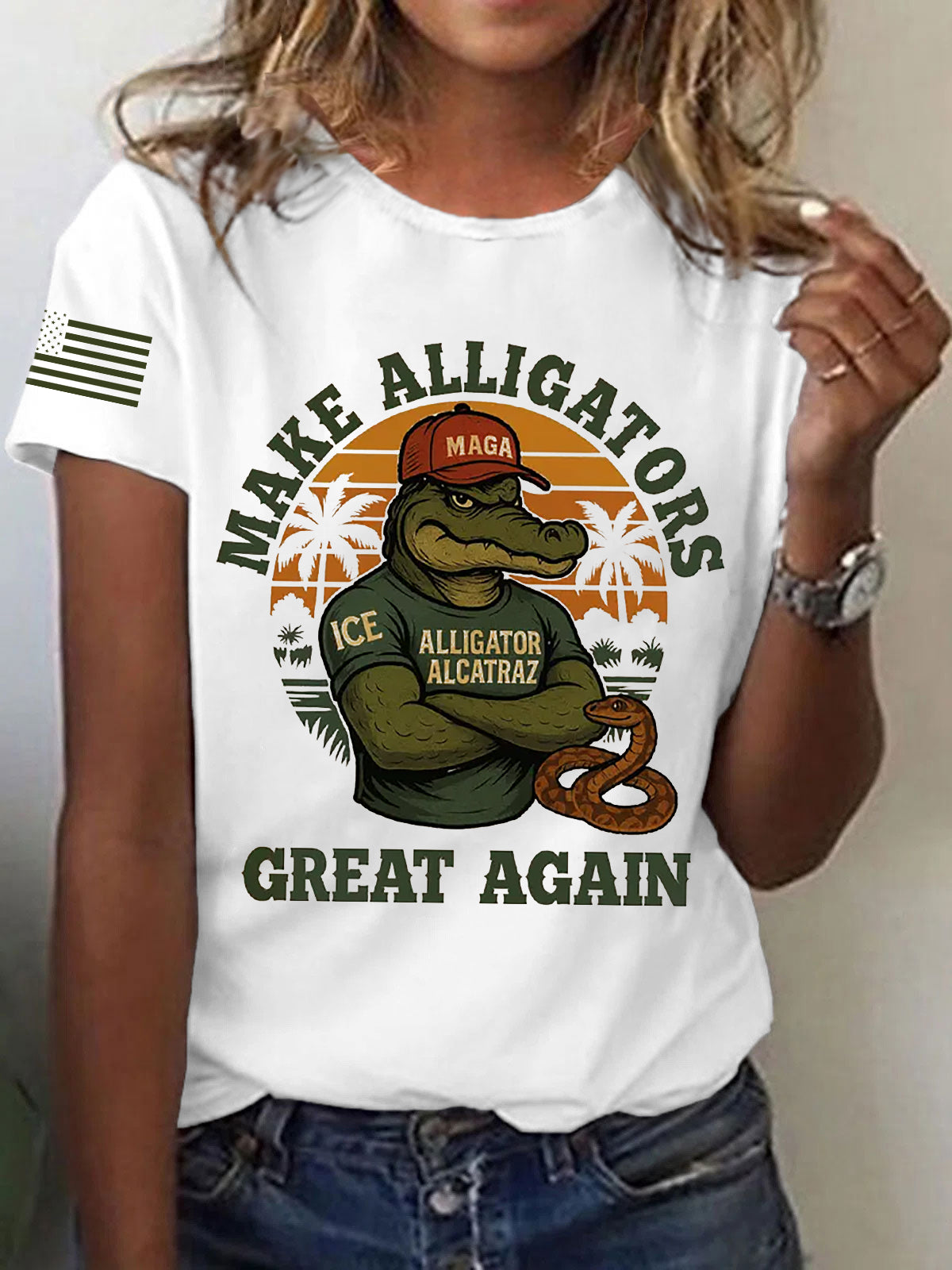 Women's Retro Alligator Alcatraz Funny Florida Everglades Dark Humor Short Sleeve Tee