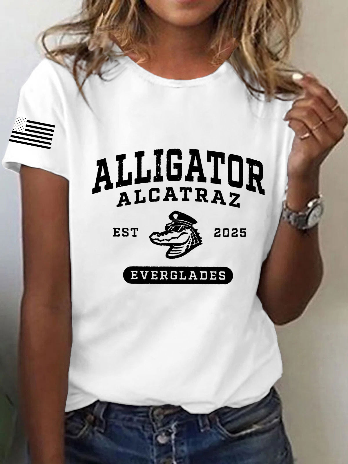 Women's Retro Alligator Alcatraz Funny Florida Everglades Dark Humor Short Sleeve Tee