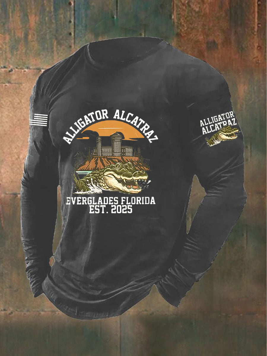 Men's Retro Alligator Alcatraz Funny Florida Everglades Dark Humor Long Sleeve T-shirt