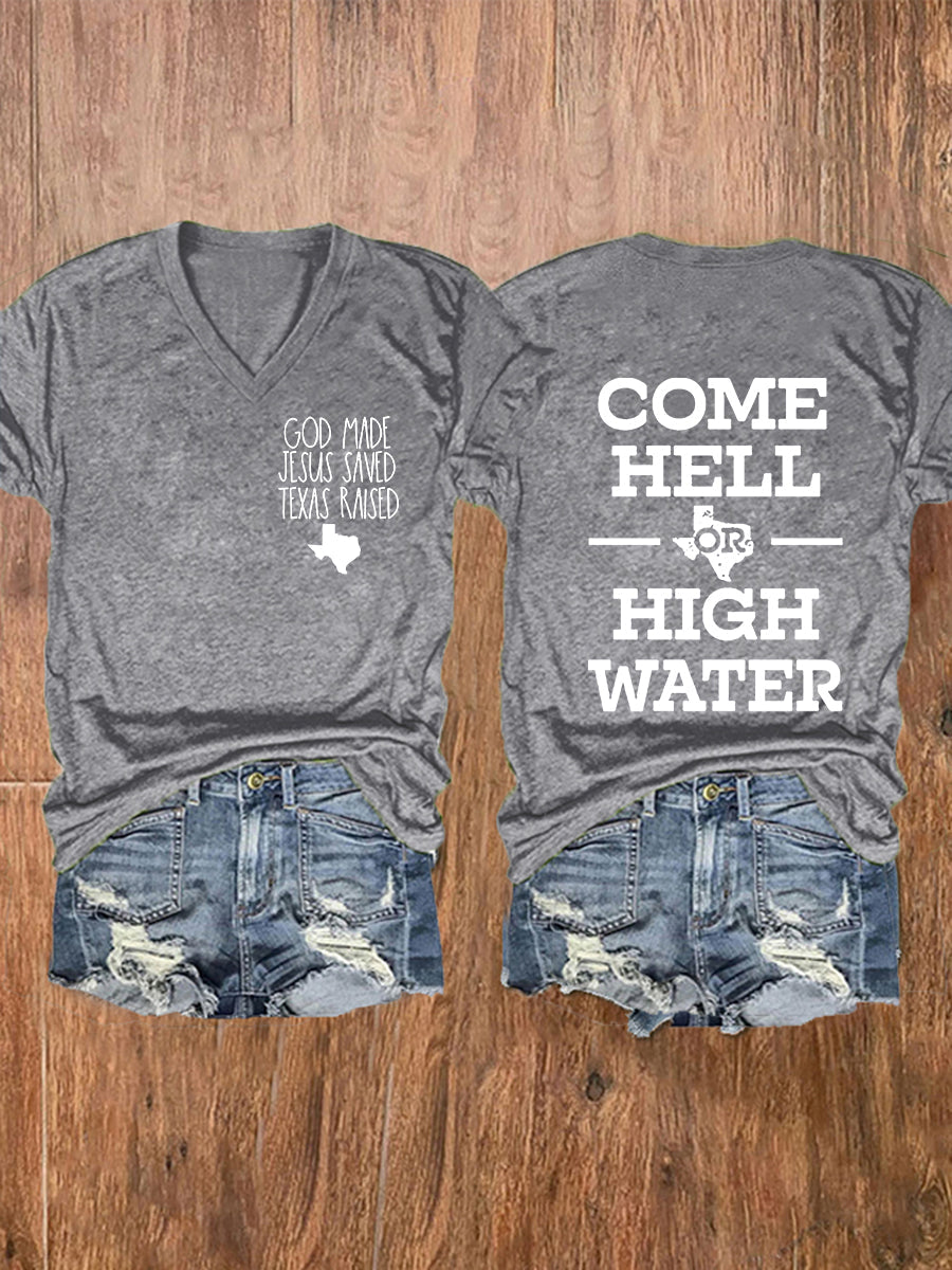 Women's Texas Strong God Made Jesus Saved Texas Raised Come Hell Or High Water Short-sleeved T-shirt