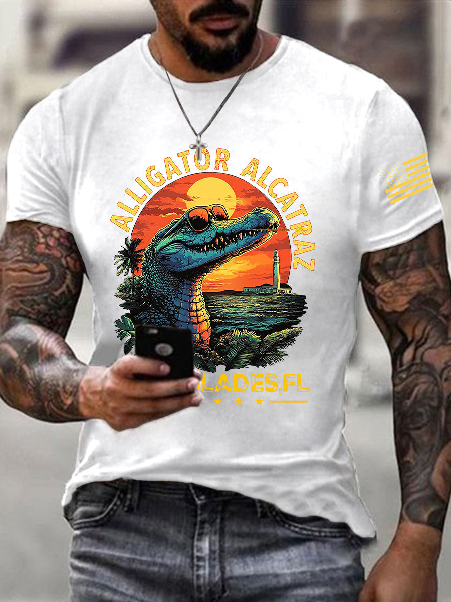 Men's Retro Alligator Alcatraz Funny Florida Everglades Dark Humor Short Sleeve T-shirt