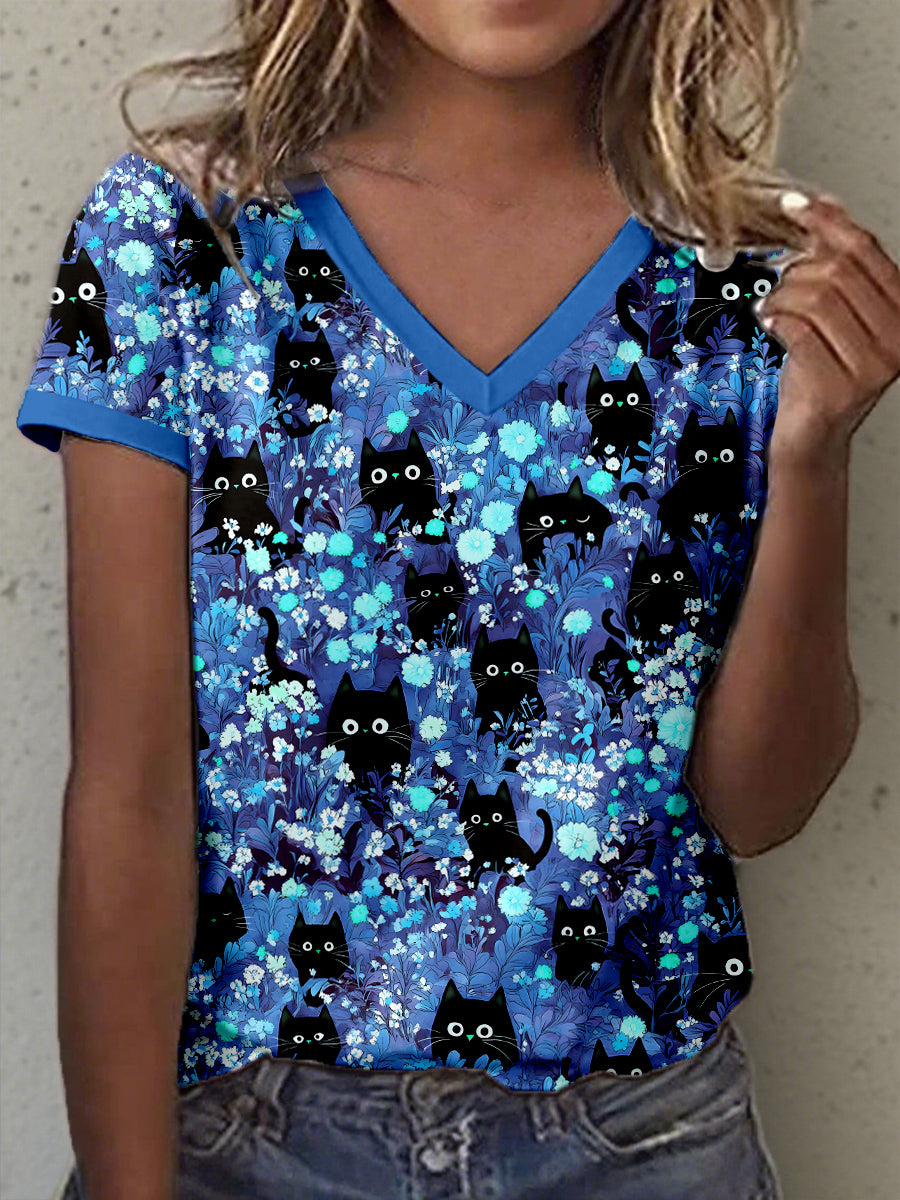 Women's Black Cat Art Print V-Neck T-Shirt