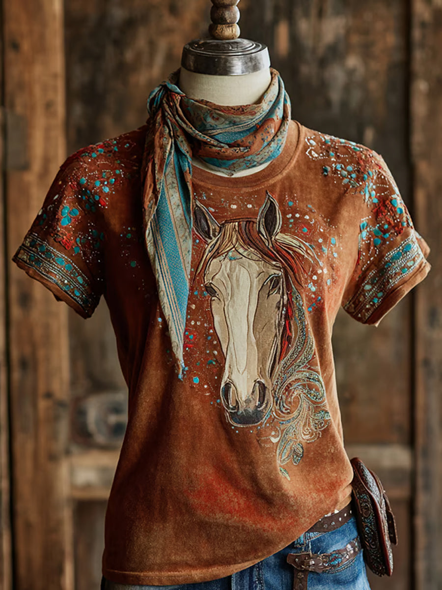 Women's Retro Western Horse Print Casual Tee