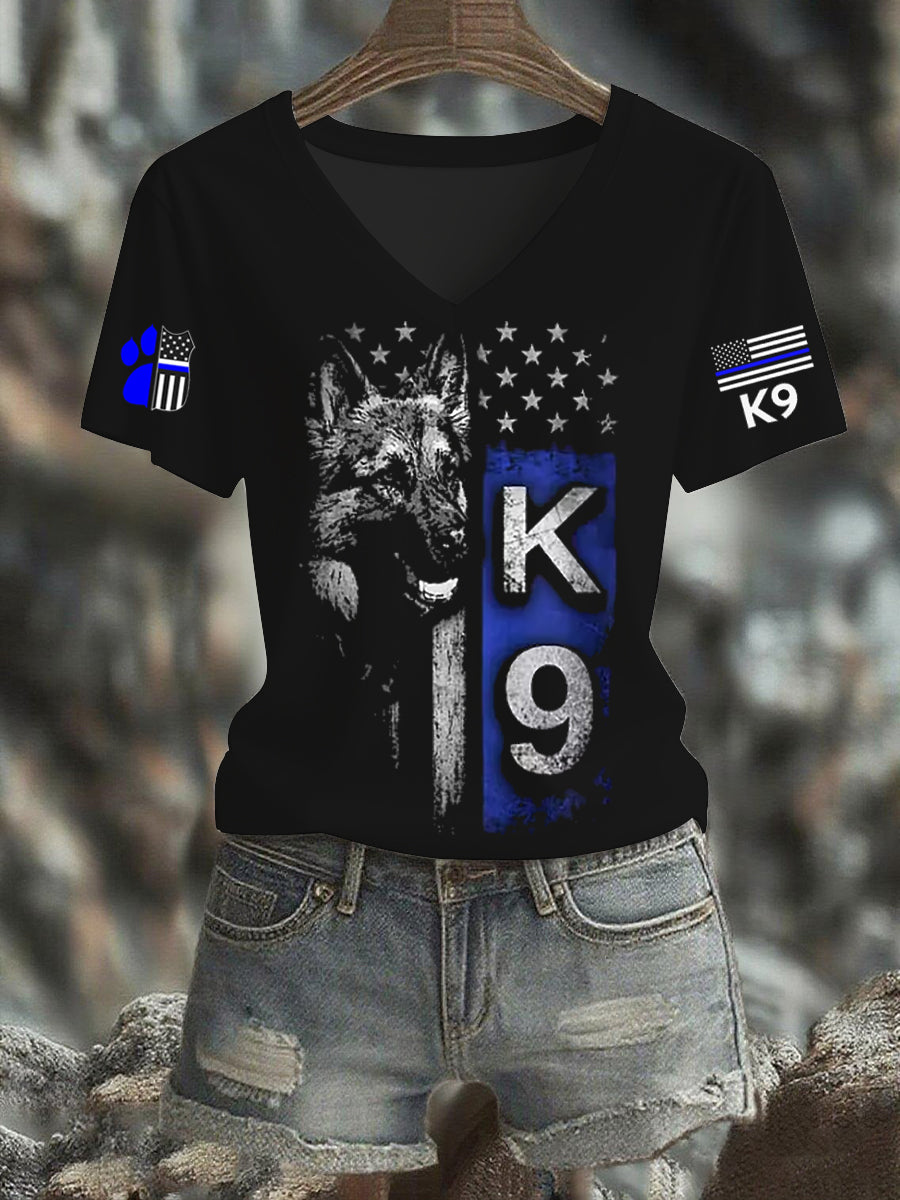 Women's Blue Line Patriotic K9 Police Officer Dog T-Shirt