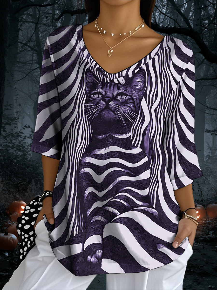 Women’s Black Cat Stripes Print Casual Half-Sleeve Top