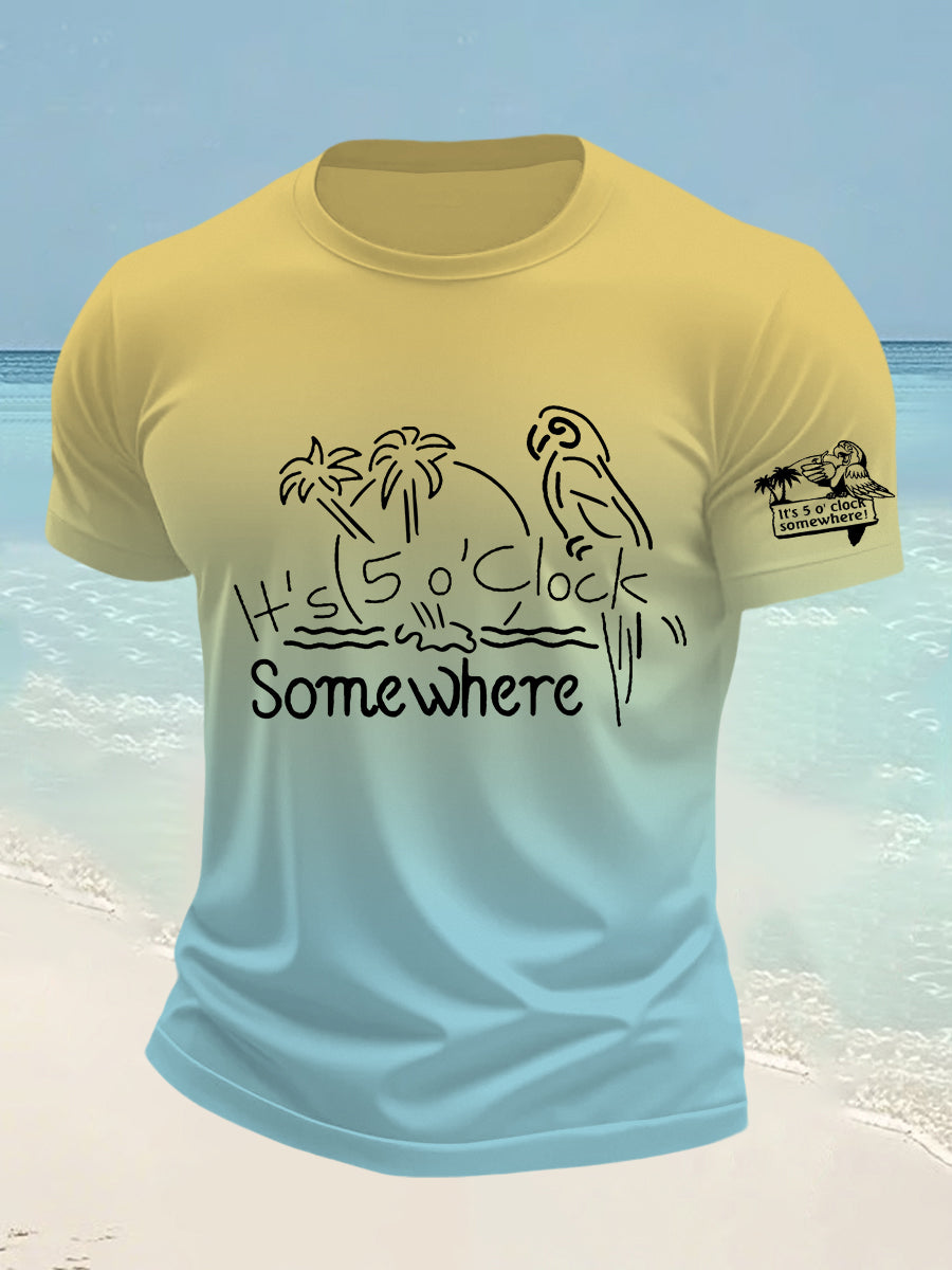Men's Funny It's 5 O'clock Somewhere Parrot Printed Short Sleeve Tee
