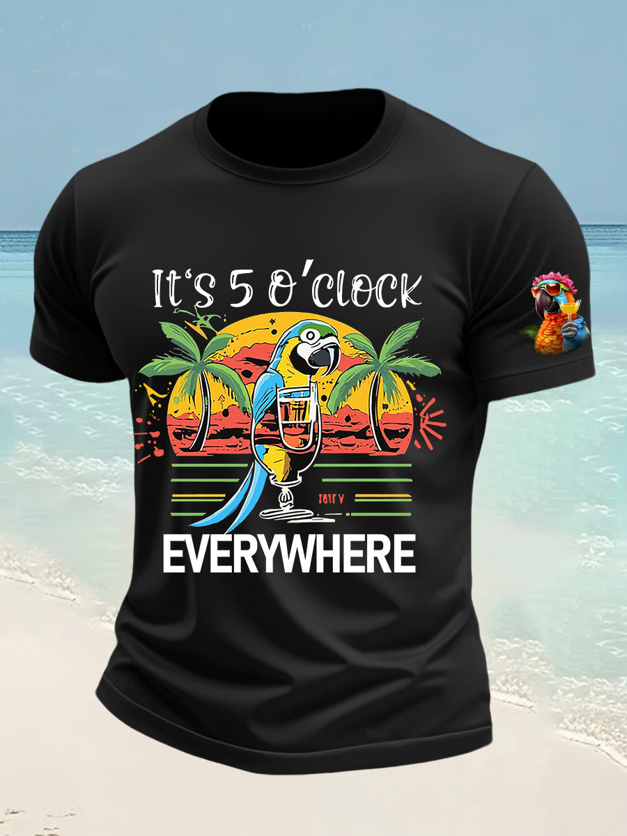 Men's It's 5 O'clock Everywhere Parrot Print Short Sleeve T-shirt