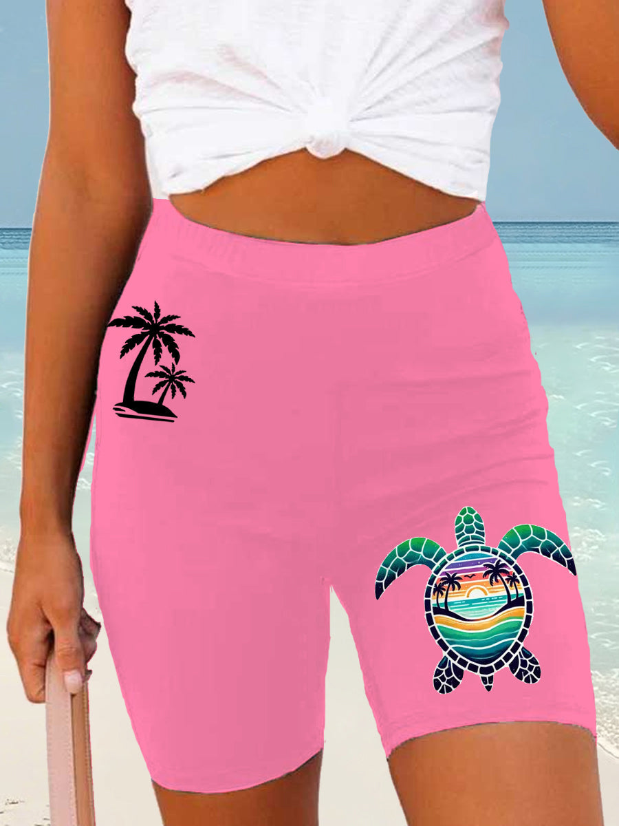 Women's Beach Vacation Sea Turtle Palm Tree Silhouette Print Casual Short Leggings