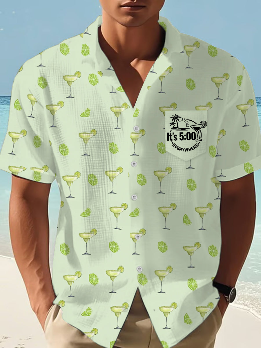 Men's I'm Retired It's 5 O'clock Everywhere Margarita Print Casual Waffle Pocket Shirt