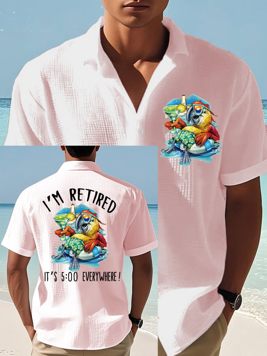 Men's I'm Retired It's 5 O'clock Everywhere Parrot Print Casual Waffle Short-Sleeve Shirt