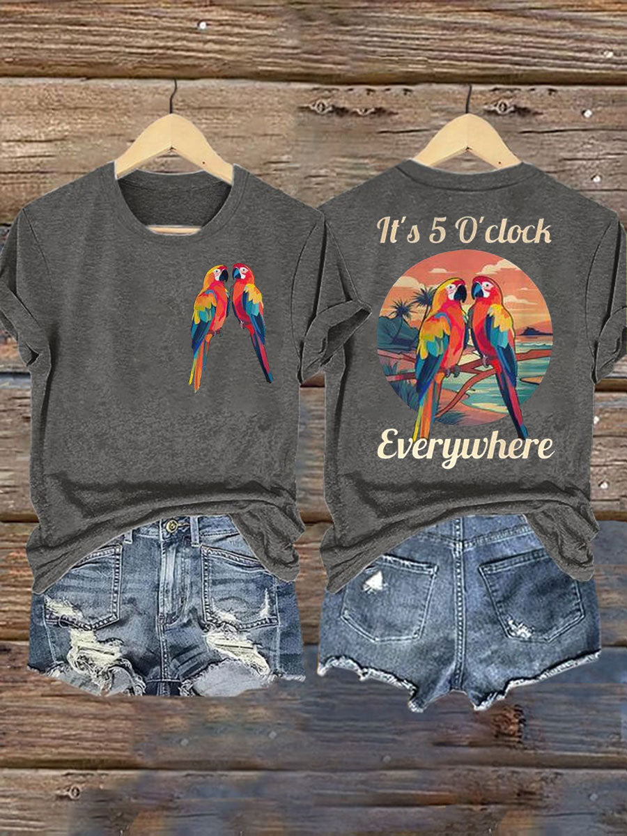 Women's It‘s 5 O'clock Everywhere Print Casual Iron On Short Sleeve T-Shirt