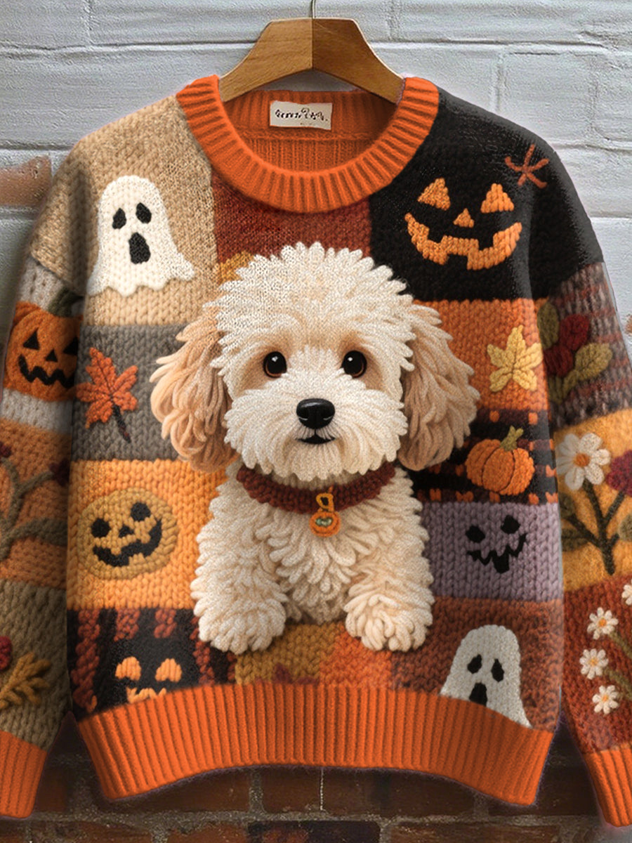 Women's Furry Dog Embroidered Cozy Knit Sweater