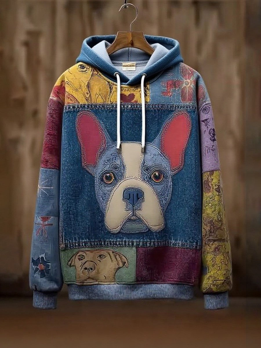 Vintage Patchwork Dog Print Art Casual Hoodie