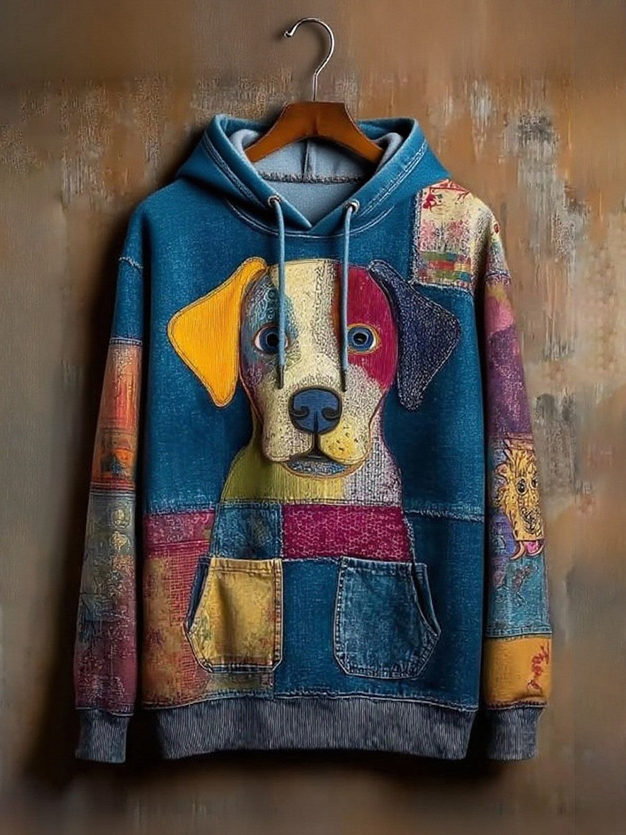 Denim Dog Print Art Casual Hoodie