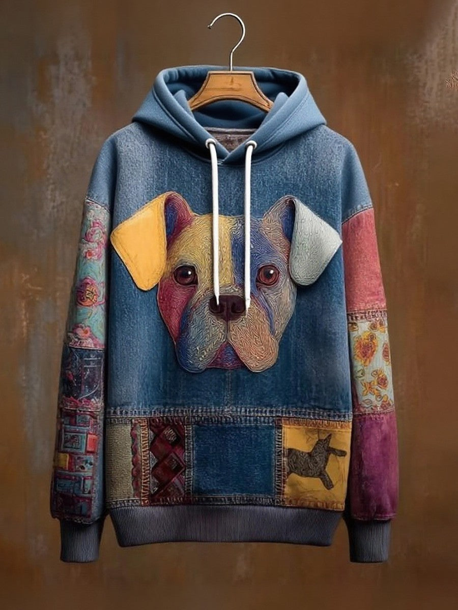 Vintage Patchwork Dog Print Art Casual Hoodie