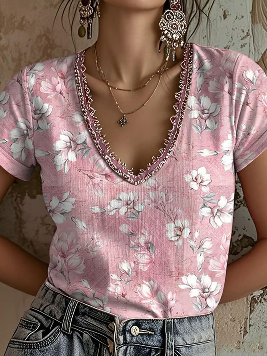 Women's Pink Floral Print Casual T-Shirt