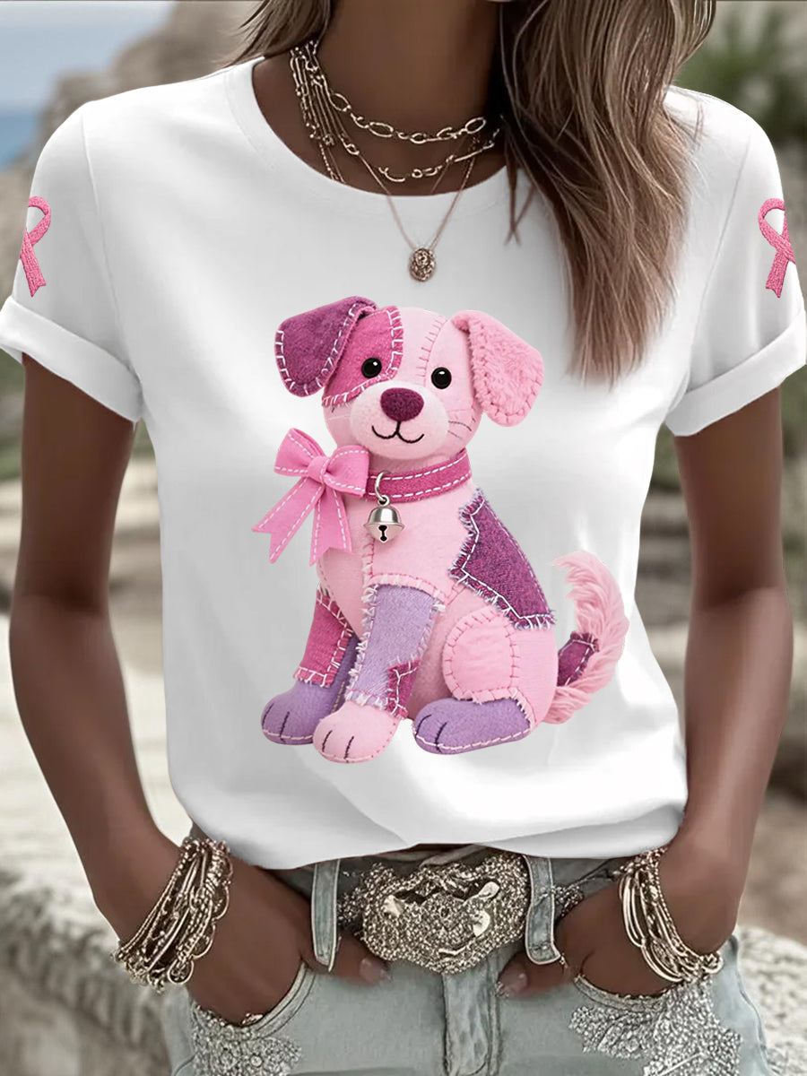 Women's Pink Dog Pink Ribbon Breast Cancer Awareness Support Tee
