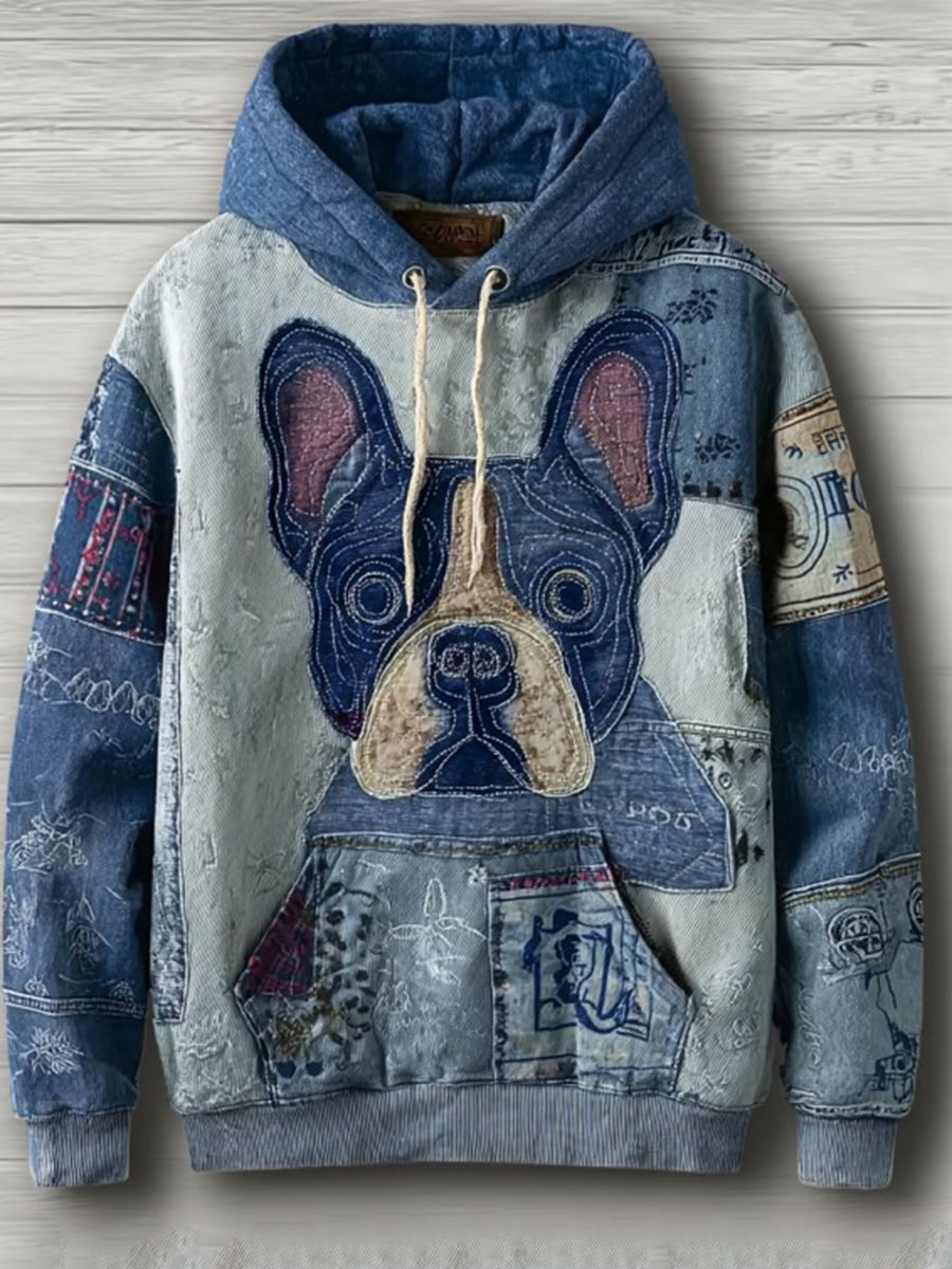 Denim Dog Print Art Casual Hoodie