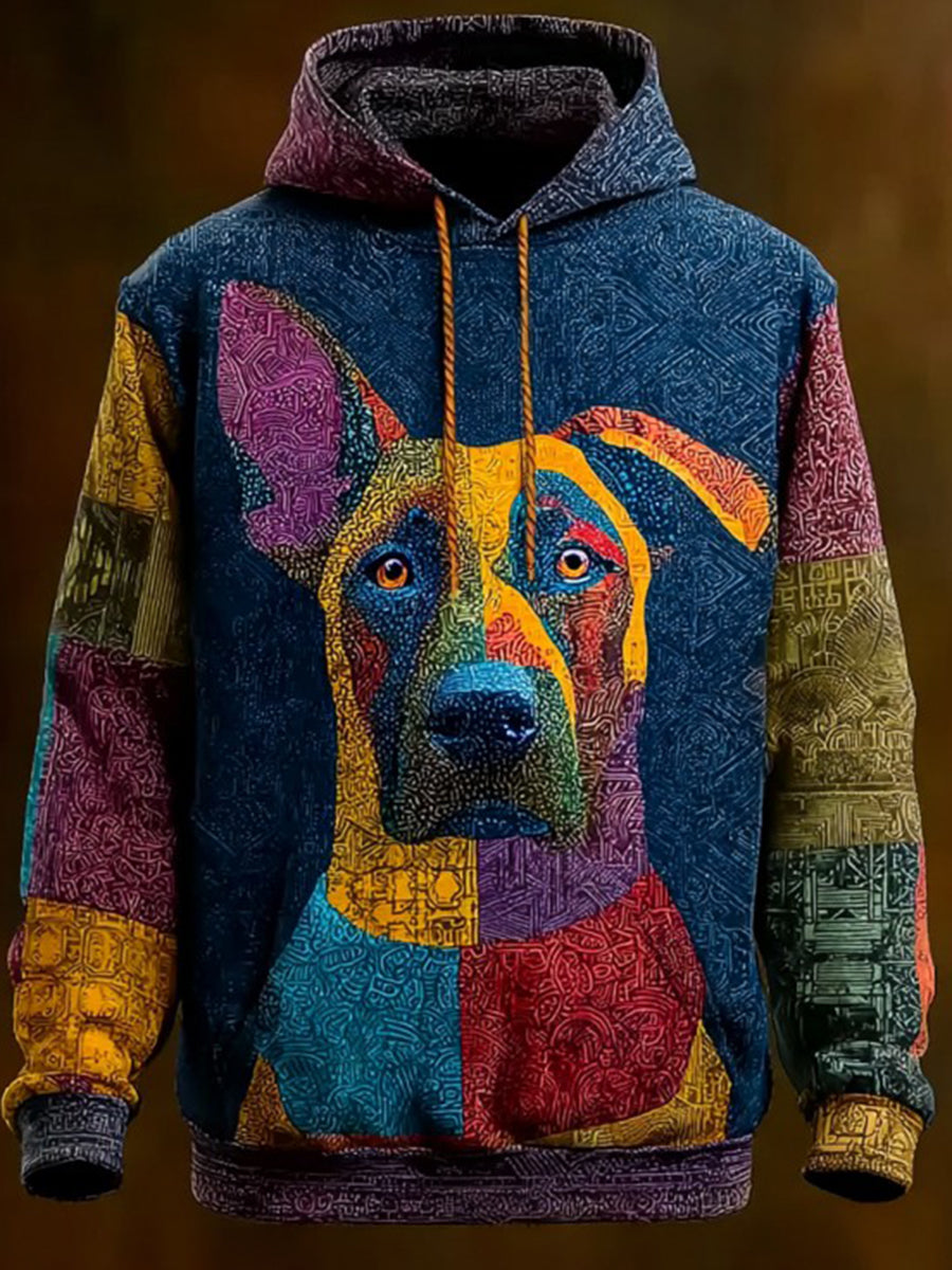 Vintage Patchwork Dog Print Art Casual Hoodie
