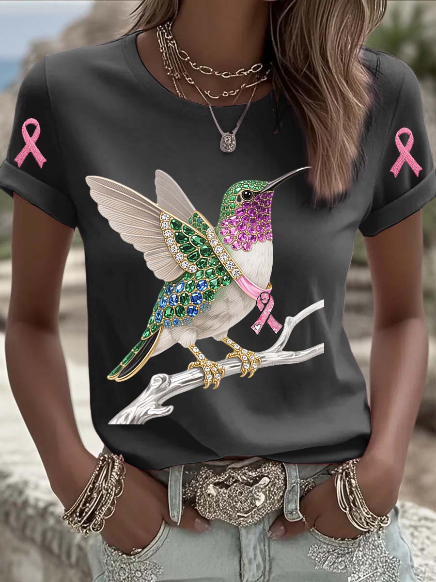 Vintage Breast Cancer Hummingbird Pearls Print Comfortable Casual Cotton Short-sleeved T-shirt