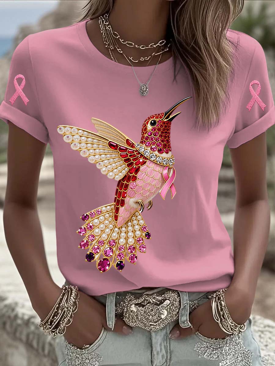 Vintage Breast Cancer Hummingbird Pearls Print Comfortable Casual Cotton Short-sleeved T-shirt