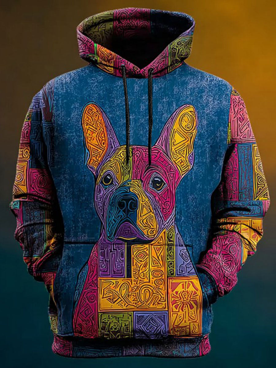 Vintage Patchwork Dog Print Art Casual Hoodie