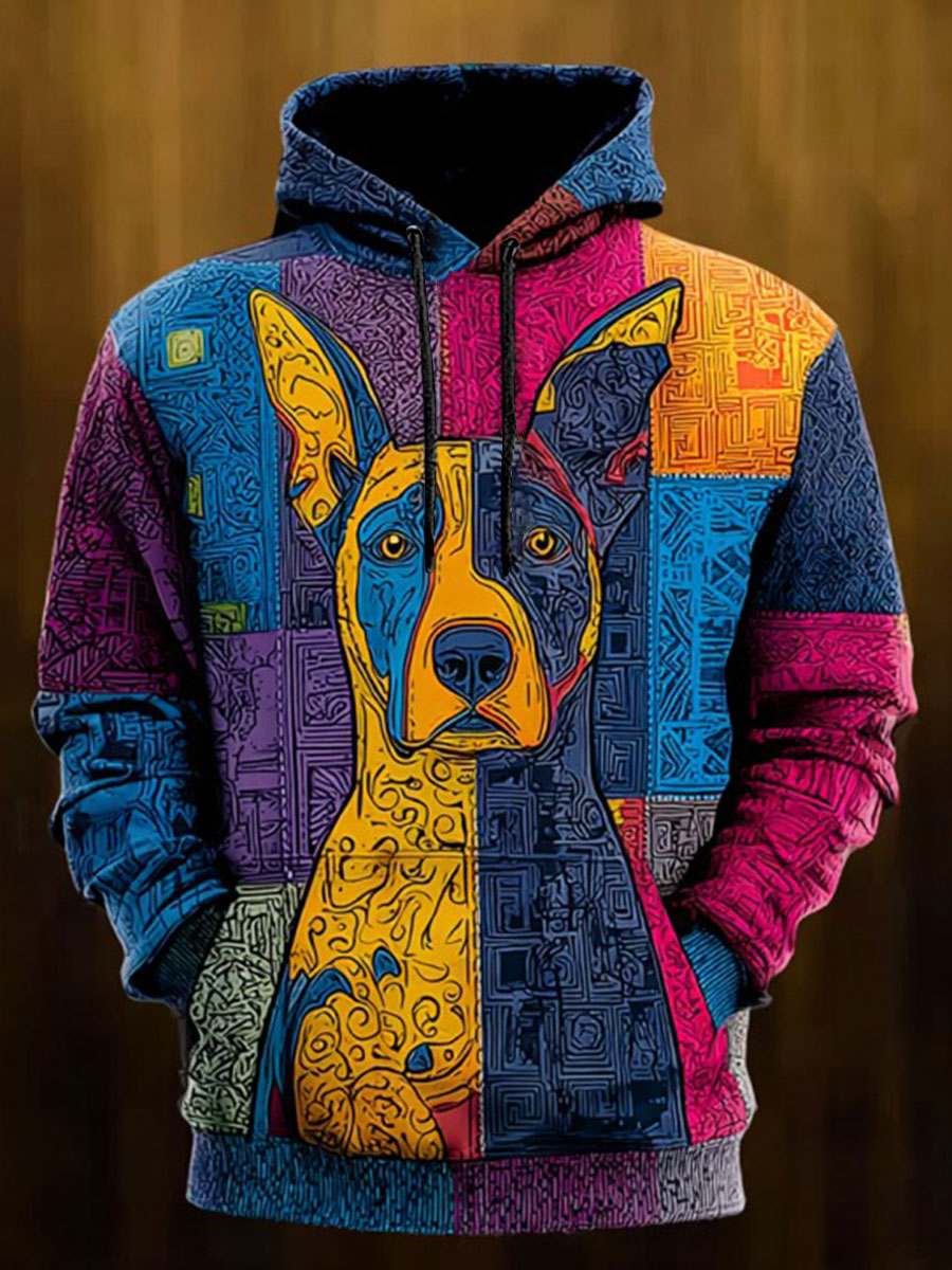 Vintage Patchwork Dog Print Art Casual Hoodie