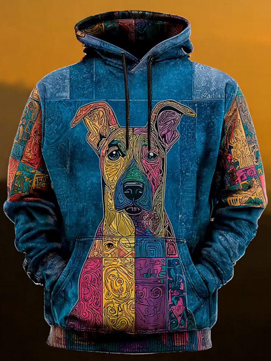 Vintage Patchwork Dog Print Art Casual Hoodie