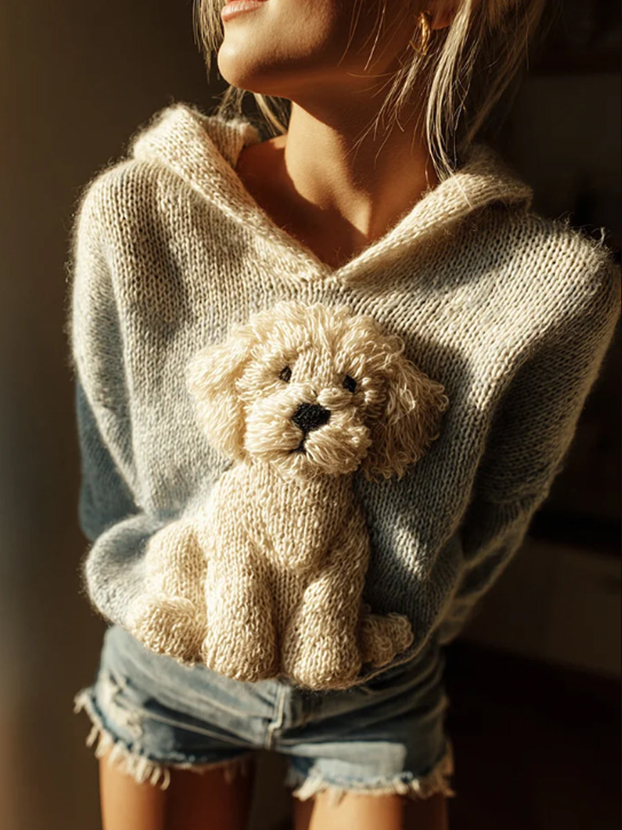 Women's Classic Fuzzy Mini Labrador Retriever Dog Felt Cozy Knit Hooded Sweater