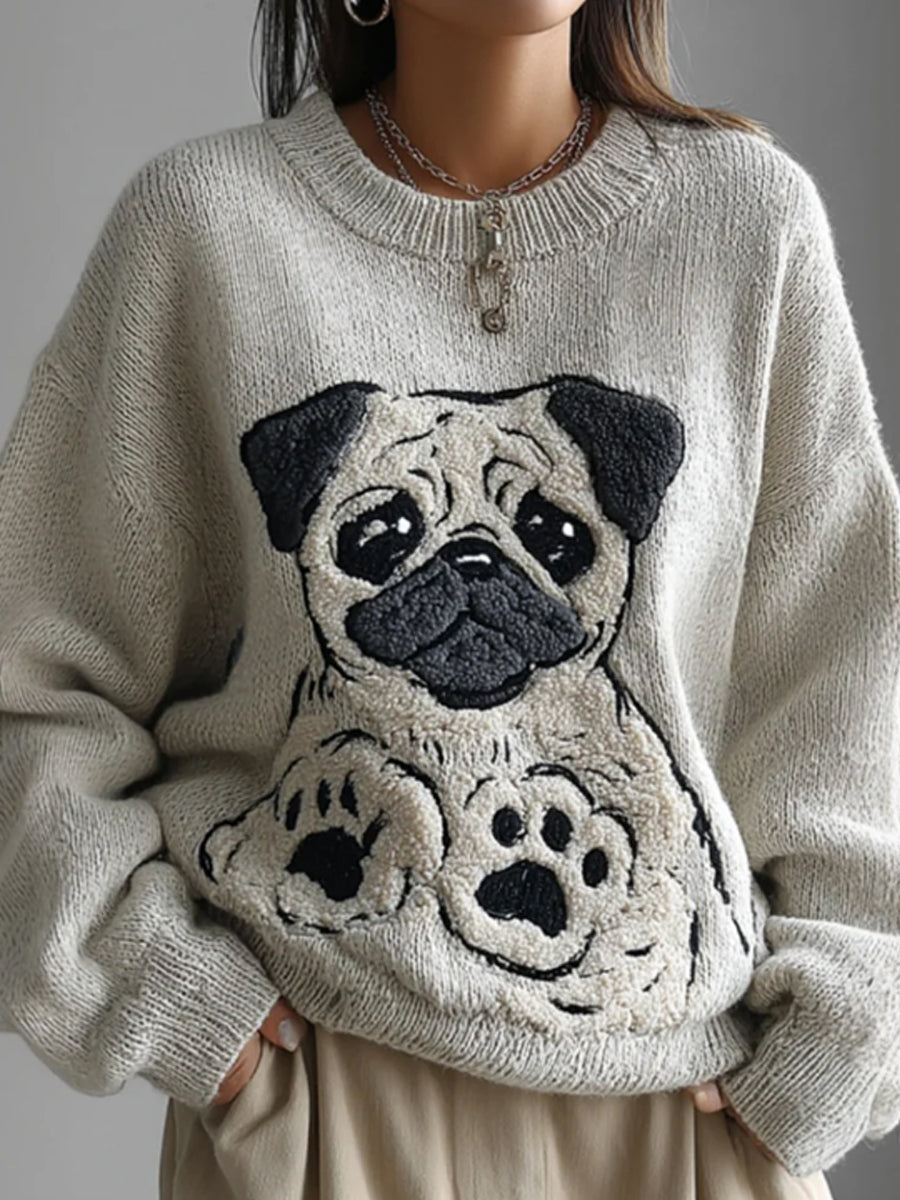 Women's Lovely Cute Pug Embroidery Art Loose Cozy Knit Sweater