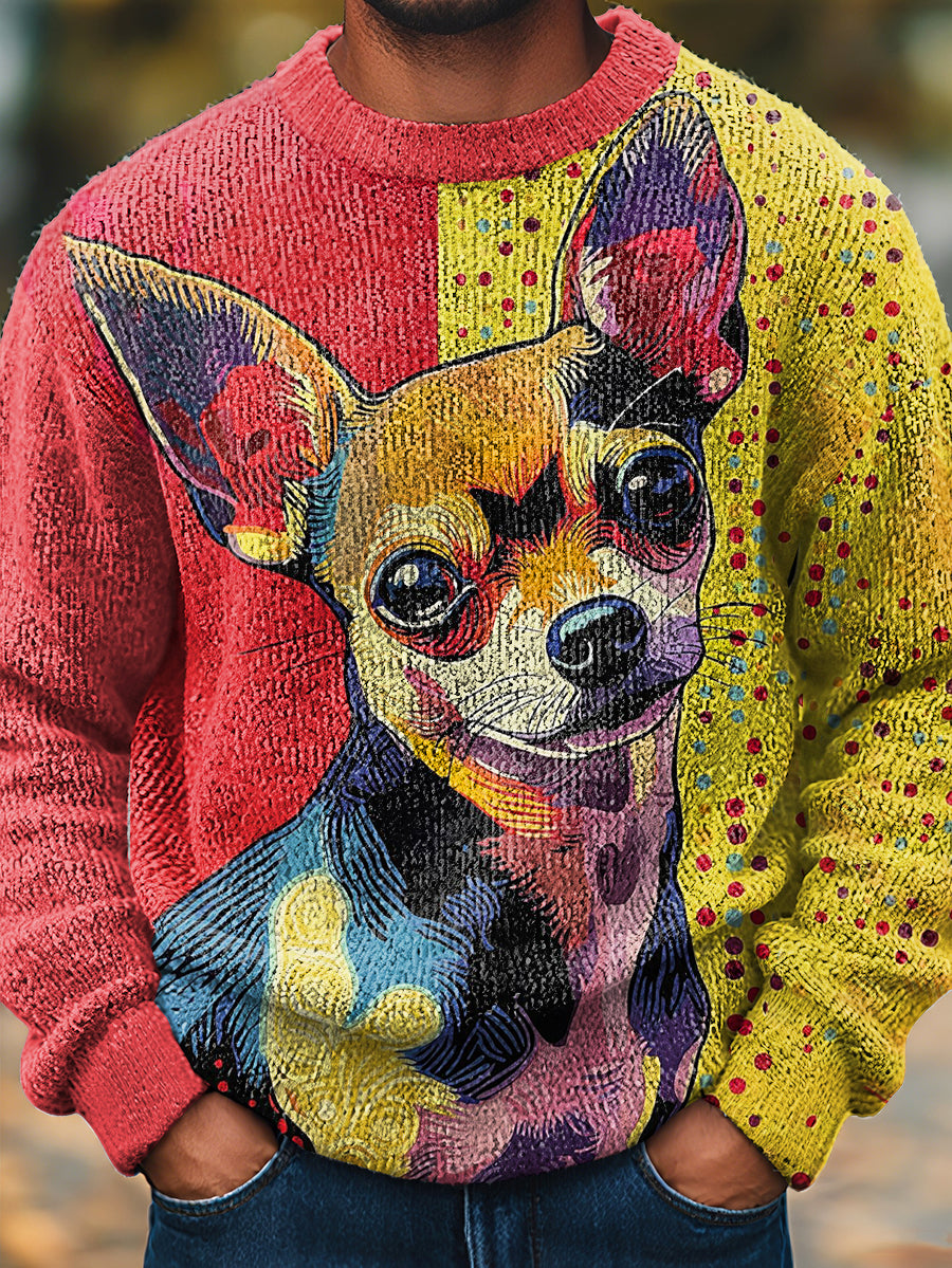Men's Coloful Art Dog Knit Sweater