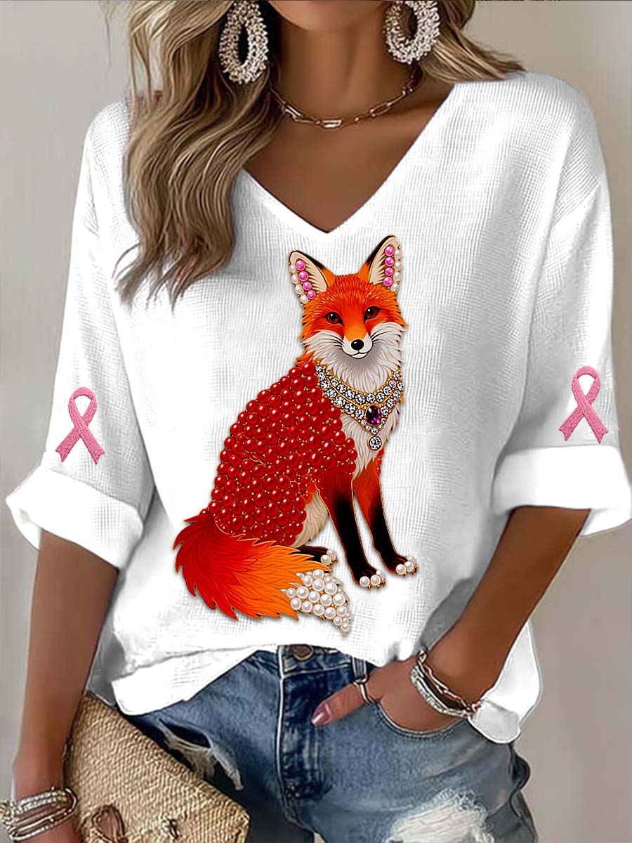Vintage Fox Pearl Breast Cancer Print Casual Cotton Long Sleeve T-Shirt