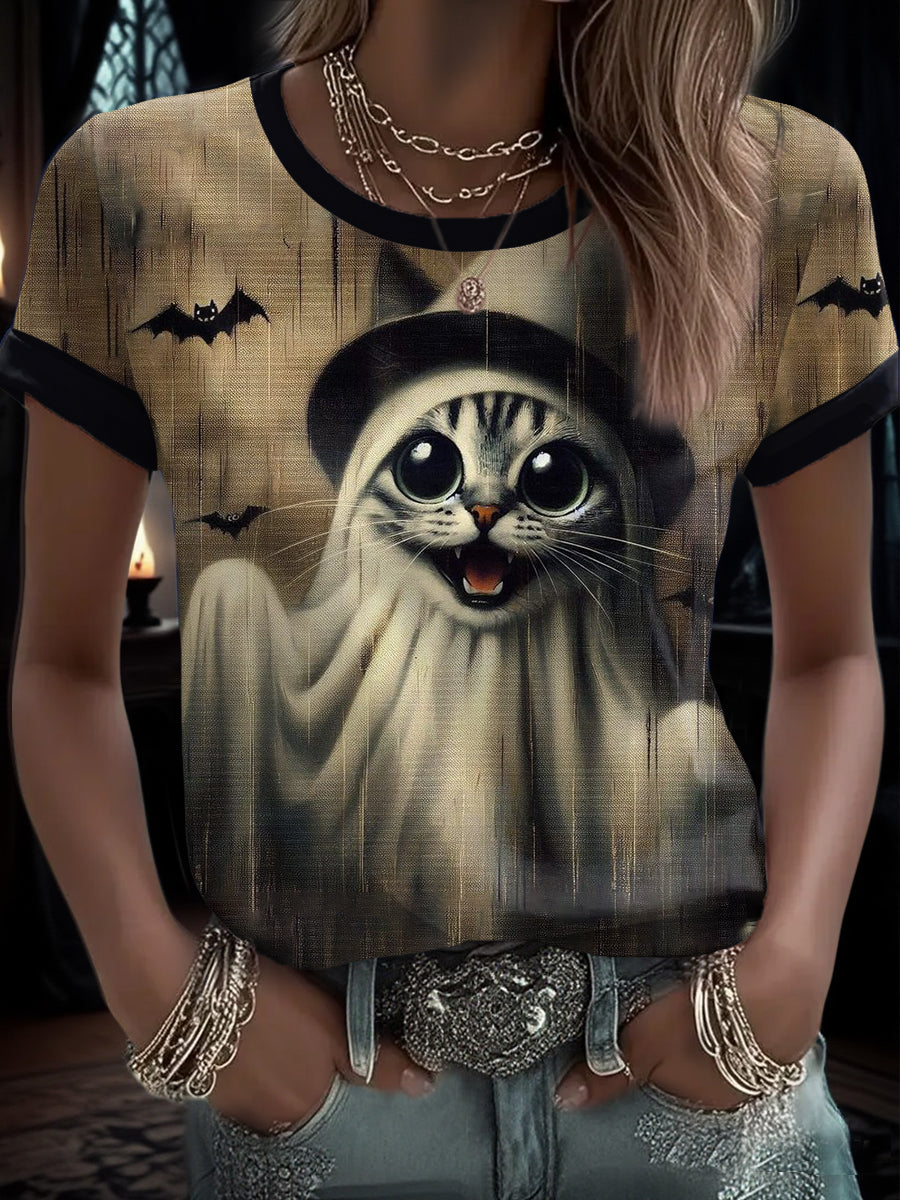 Women's Halloween Funny Cat Printed T-shirt