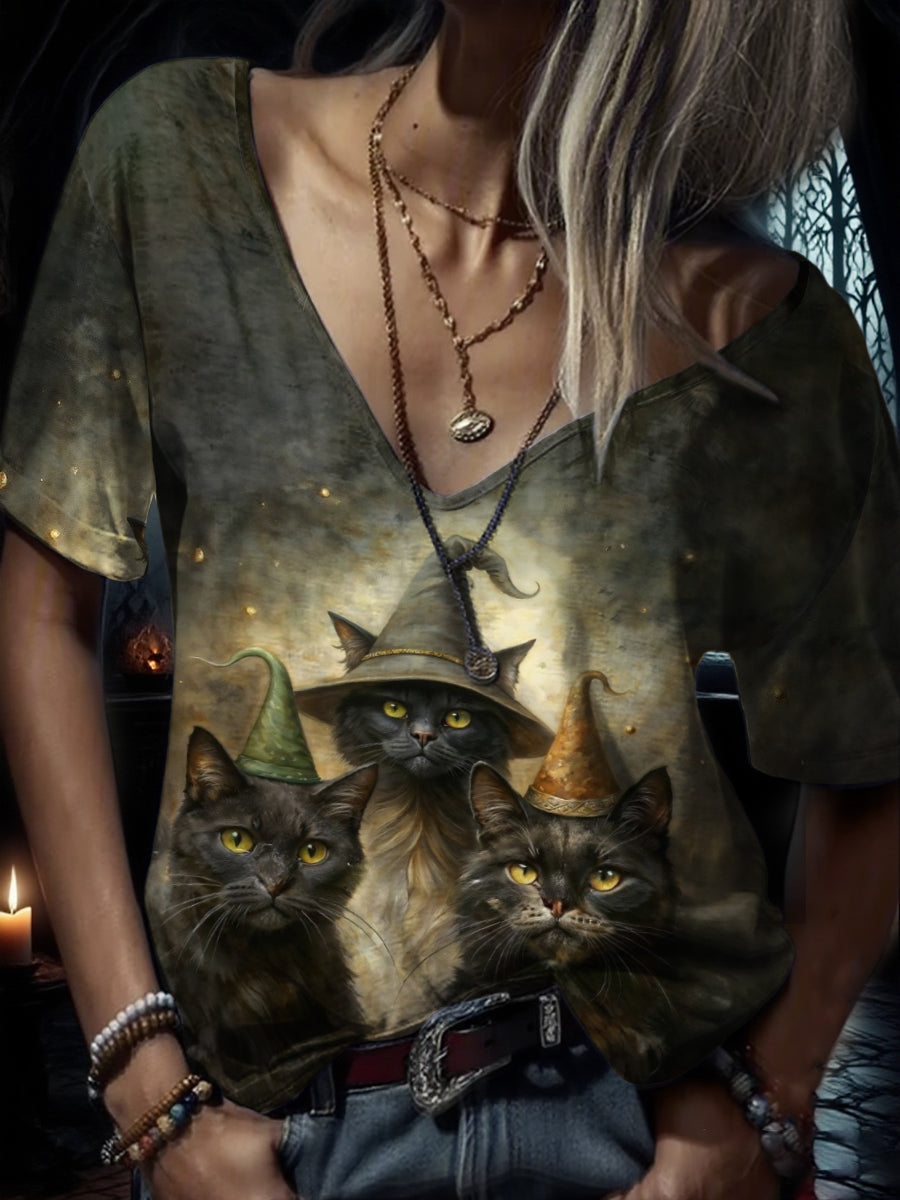 Women's Halloween Funny Cat Printed T-shirt