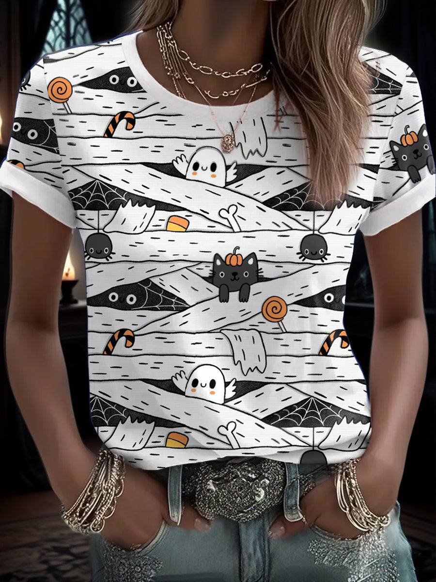 Women's Halloween Funny Cat Printed T-shirt