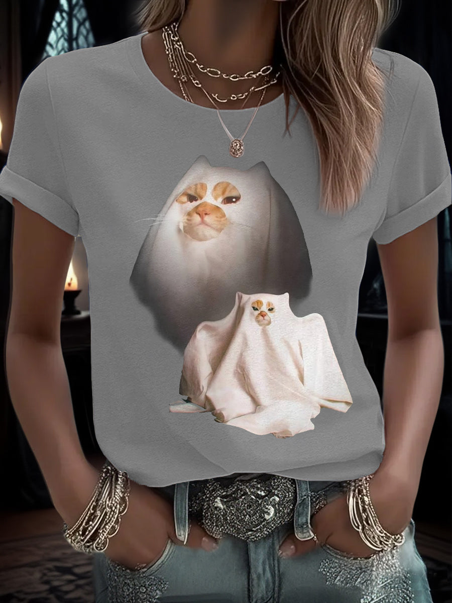 Women's Halloween Funny Cat Printed T-shirt