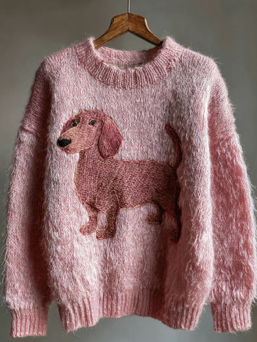 Women's Pink Dachshund Embroidered Fuzzy Cozy Knit Sweater
