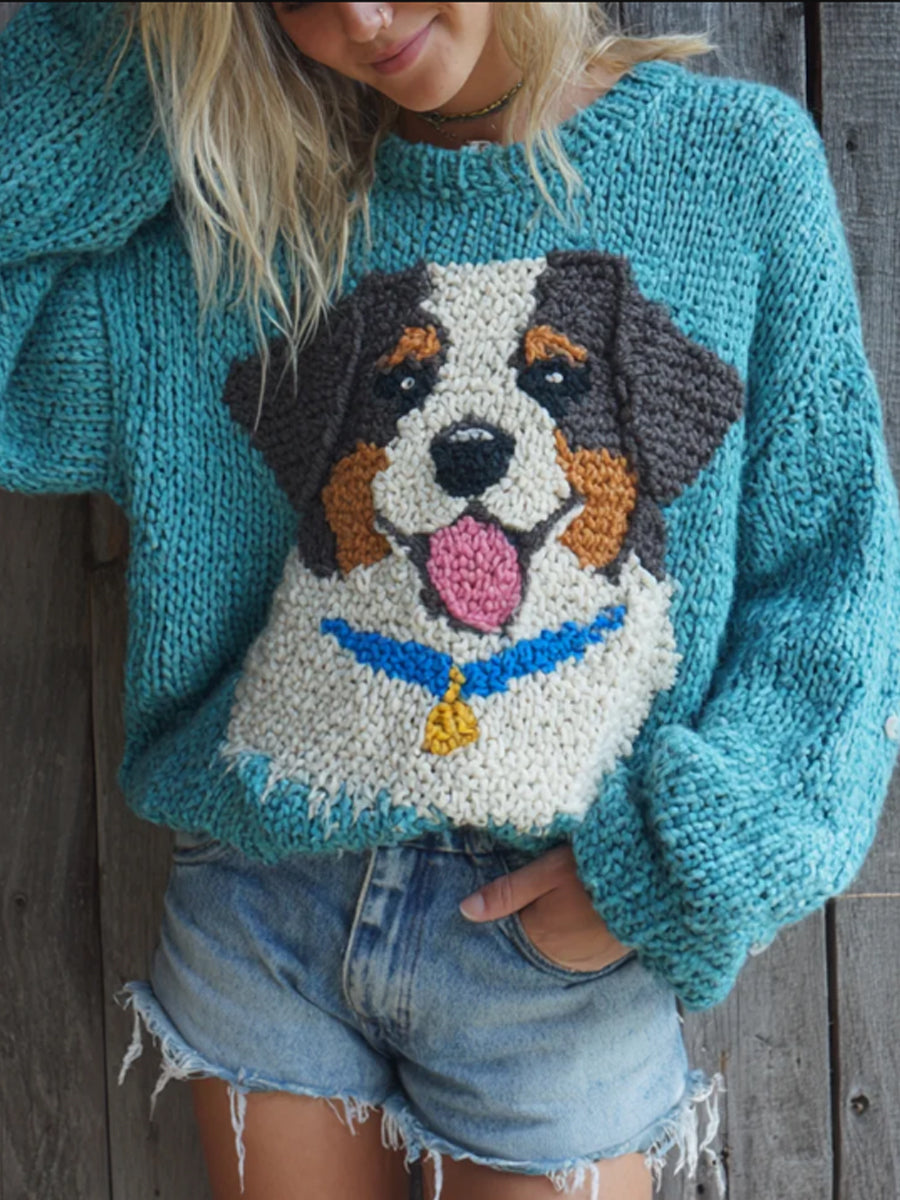 Women's Fuzzy Bernesemountain Dog Felt Cozy Knit Sweater