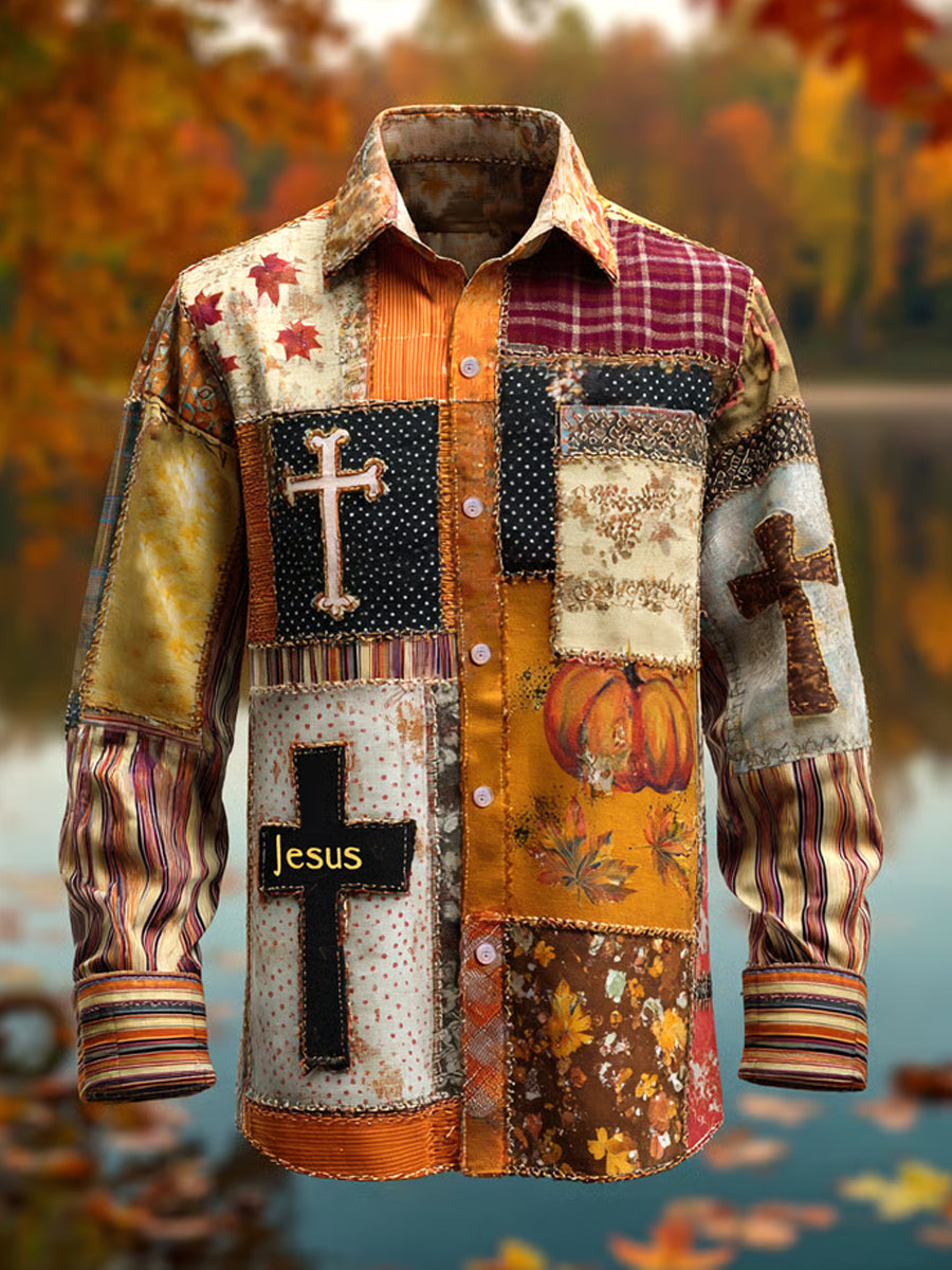 Men's Retro Faith Cross Casual Art Print Long Sleeve Shirt